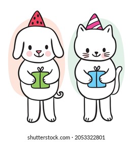 Cartoon cute Christmas and New year dog and cat and presents vector.