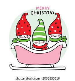 Cartoon cute Christmas and New year cat and sligh vector.