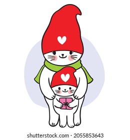 Cartoon cute Christmas and New year mom and babycat and gnome hat vector.