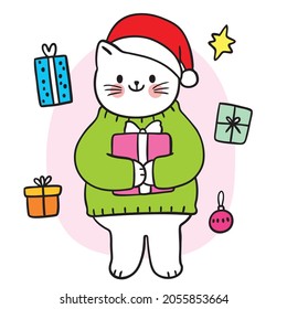 Cartoon cute Christmas and New year cat and presents vector.