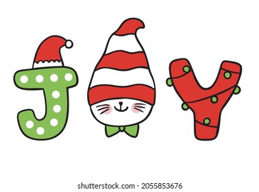 Cartoon cute Christmas and New year cat and gnome hat and joy vector.