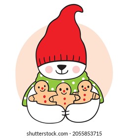 Cartoon cute Christmas and New year bear and gingerbread vector.