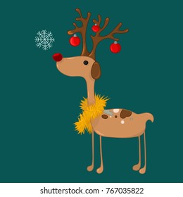 Cartoon cute Christmas New Year winter deer with snowflake and decorations vector