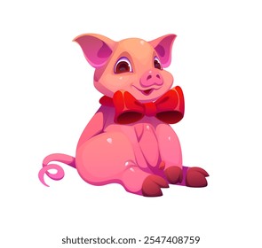 Cartoon cute Christmas pig animal character with a big red bowtie sits cheerfully, showcasing a playful face expression. Isolated vector pink piglet personage ready for holiday or festive celebrations