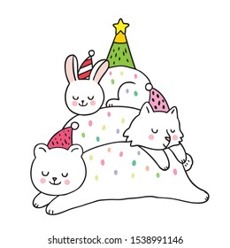 Cartoon cute Christmas, Polar bear and rabbit and snow fox sleeping vector.