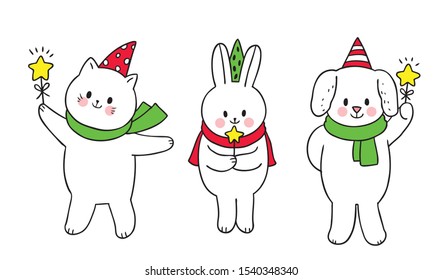 Cartoon Cute Christmas, Polar Bear And Rabbit And Snow Fox And Star Vector.