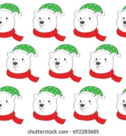 Cartoon cute christmas polar bear green hat and red scarf seamless pattern vector.