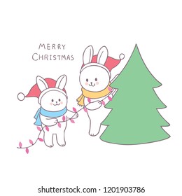 Cartoon cute Christmas rabbits decorating Christmas tree vector.