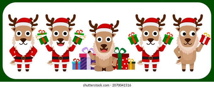 Cartoon cute Christmas reindeer set. Reindeer Santa Claus characters.  Vector illustration isolated.