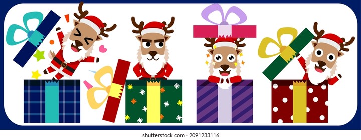 Cartoon cute Christmas reindeer set. Reindeer Santa Claus in gift box characters. Vector illustration isolated.
