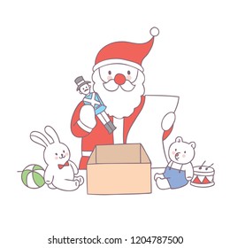 Cartoon cute Christmas Santa Claus and check list toy vector.