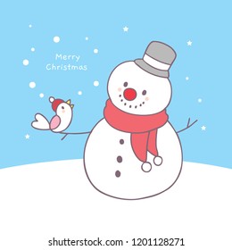 Cartoon cute Christmas snowman and bird vector.
