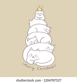 Cartoon cute Christmas tree cats sleeping vector.