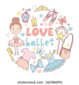 Cartoon cute circle frame border with ballet elements isolated on white background. Vector illustration