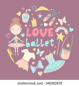 Cartoon cute circle frame border with ballet elements isolated on background. Vector illustration