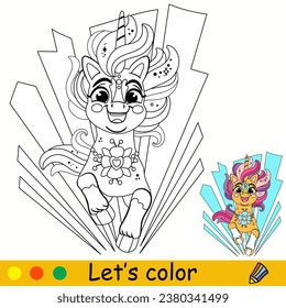 Cartoon cute close up running unicorn. Kids coloring book page. Unicorn character. Black outline on white background. Vector isolated illustration with colorful template. For coloring, print, design