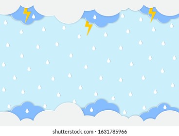 Cartoon cute cloud with lighting and water droplets isolated on blue sky background in rainy day.Downpour rain.Landscape scene.Origami style.Paper craft.Monsoon season.Weather forecast.Vector.