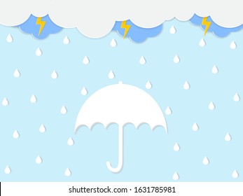 Cartoon cute cloud with rainy ,lighting and white umbrella isolated on blue sky background in downpour day.Origami style.Paper craft.Monsoon season.Weather forecast.Vector.Illustration.
