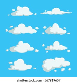 Cartoon cute cloud trendy design icons set. Vector illustration of weather or sky background.