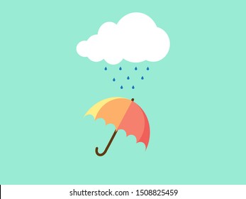 Cartoon cute cloud and water droplets with orange umbrella (Parasol) isolated on green background in heavy rainy day.Monsoon season.Weather forecast.Vector.Illustration.