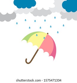 Cartoon cute cloud and water droplets with green and pink umbrella (Parasol) isolated on white background in heavy rainy day.Monsoon season.Weather forecast.Vector.Illustration.