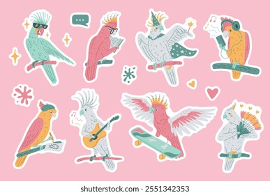 Cartoon cute Cockatoo birds stickers set. Vector crested parrot bird artist draws with a pencil, plays guitar, reads a book, skates. Colorful decorative exotic pet bird Corella listens to music, sings