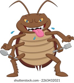 cartoon cute cockroach holding cutlery