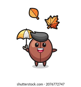 cartoon of the cute coffee bean holding an umbrella in autumn , cute style design for t shirt, sticker, logo element