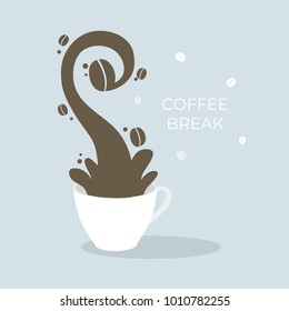 Cartoon cute coffee break , Splash is coffee beans vector. Blue background.