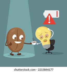 Cartoon cute coffee cup send drink coffee give light bulb tired, Coffee drink for refresh concept, illustrator vector cartoon drawing