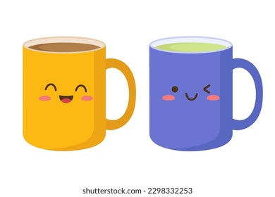 Cartoon cute coffee mugs in kawaii style isolated on white background. Vector illustration in a flat style. Flat design.