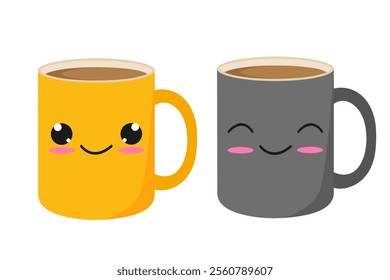 Cartoon cute coffee mugs in Kawaii style. Isolated on white background. Vector illustration in a flat style. Flat design.	