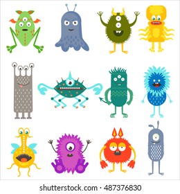 Cartoon cute color animals monsters aliens set isolated.