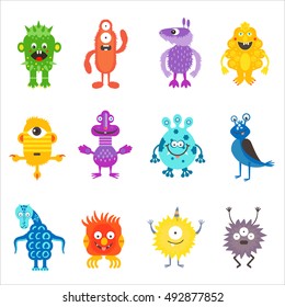 Cartoon cute color monsters aliens set isolated.