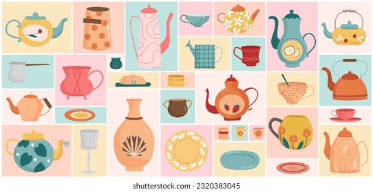 Cartoon cute colored glass and ceramic crockery with different pattern, tableware for tea ceremony and breakfast in geometric collage background. Kitchen utensils for tea party set vector illustration