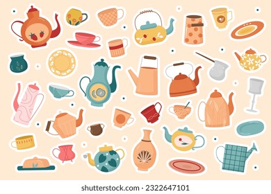 Cartoon cute colored glass and ceramic crockery with different pattern, tableware for tea ceremony and breakfast sticker. Kitchen utensils for tea party stickers set vector illustration