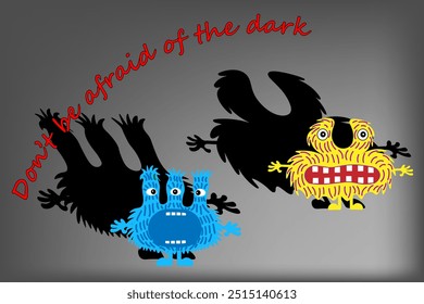 Monstruos de colores lindos de la historieta con sombras negras. Las vacaciones de Halloween. No tengas miedo de la oscuridad. Monstruos coloridos con diferentes emociones. Postal, volante, Anuncio, pegatina. Sombras. ilustración