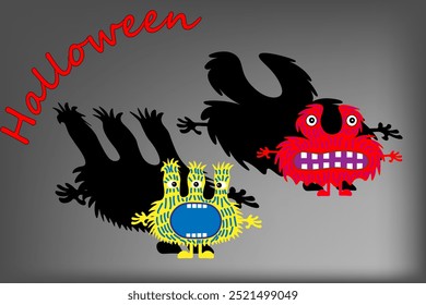 Monstruos de colores lindos de la historieta con sombras negras. Las vacaciones de Halloween. No tengas miedo de la oscuridad. Monstruos coloridos con diferentes emociones. Postal, volante, Anuncio, pegatina. Vector en la sombra. 