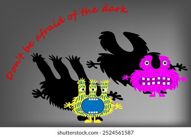 Monstruos de colores lindos de la historieta con sombras negras. Las vacaciones de Halloween. No tengas miedo de la oscuridad. Monstruos coloridos con diferentes emociones. Postal, volante, Anuncio, pegatina. Sombras. Ilustración