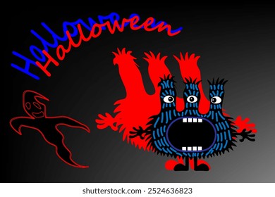 Monstruos de colores lindos de la historieta con sombras negras. Las vacaciones de Halloween. No tengas miedo de la oscuridad. Monstruos coloridos con diferentes emociones. Postal, volante, Anuncio, pegatina. Vector en la sombra