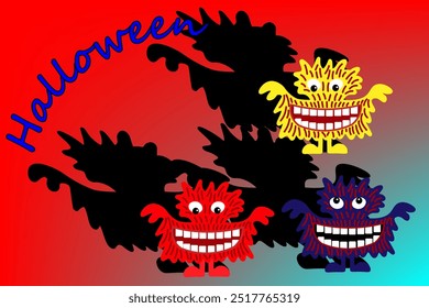 Cartoon cute colored monsters on a beautiful bright designer background.The Halloween holiday. Colorful monsters with different emotions. Postcard, flyer, banner, sticker.For websites and other uses