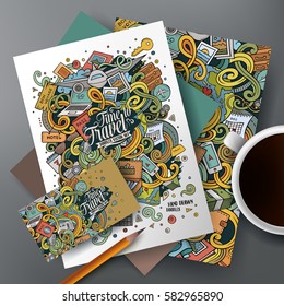Cartoon cute colorful doodles traveling corporate identity set. Templates design of business card, flyers, posters, papers on the table.
