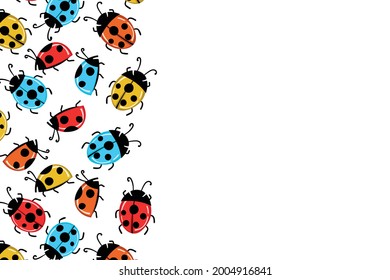 Cartoon cute colorful ladybird mascot. Ladybags with an empty table. Vector character. Insect icon. Holiday template design for invitation, cards, wallpaper, school, kindergarten. Copy space.