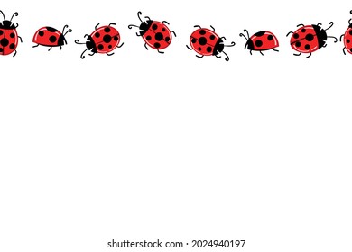 Cartoon cute colorful ladybird mascot. Ladybags with an empty table. Vector character. Insect icon. Holiday template design for invitation, cards, wallpaper, school, kindergarten. Copy space.
