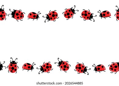 Cartoon cute colorful ladybird mascot. Ladybags with an empty table. Vector character. Insect icon. Holiday template design for invitation, cards, wallpaper, school, kindergarten. Copy space.