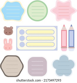 Cartoon cute colorful memo collection. Template for text, striped note, notebook, sticky note, reminder, announcement. Isolated on white background, vector, illustration, EPS10
