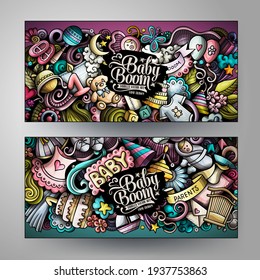 Cartoon cute colorful vector doodles Baby corporate identity. 2 horizontal banners design. Templates set