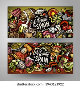 Cartoon cute colorful vector doodles Spain corporate identity. 2 horizontal banners design. Templates set