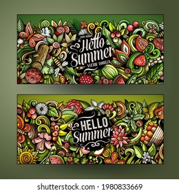 Cartoon cute colorful vector doodles Summer nature corporate identity. 2 horizontal banners design. Templates set