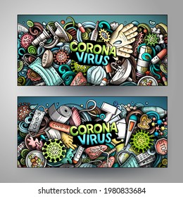Cartoon cute colorful vector doodles Coronavirus corporate identity. 2 horizontal banners design. Templates set